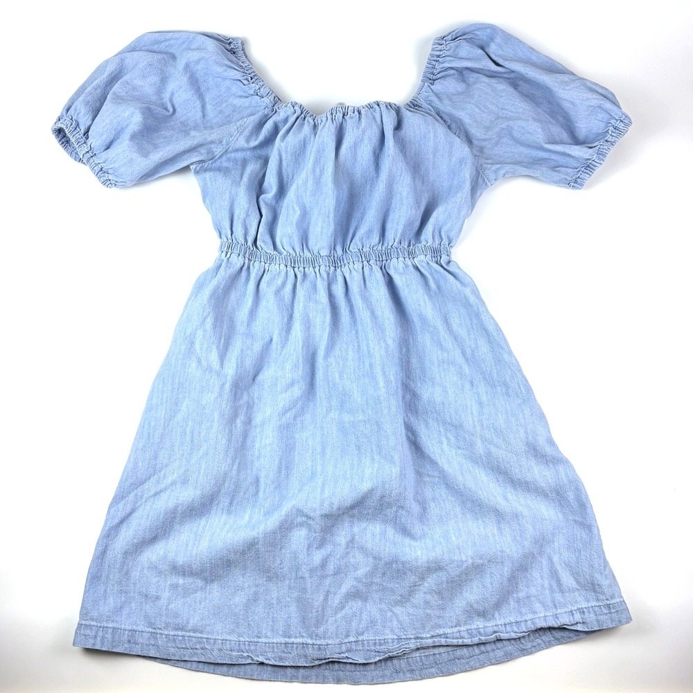 Old Navy Chambray Open Tie Back Dress Sz S Blue A Line Puff Sleeves Peasant Boho
